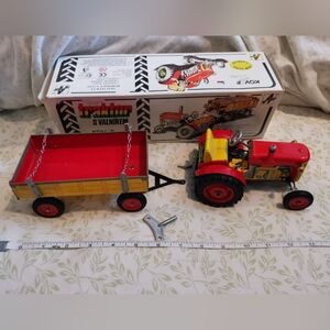 Toy Tractor and Trailer Metal Wind Up Vintage NEW